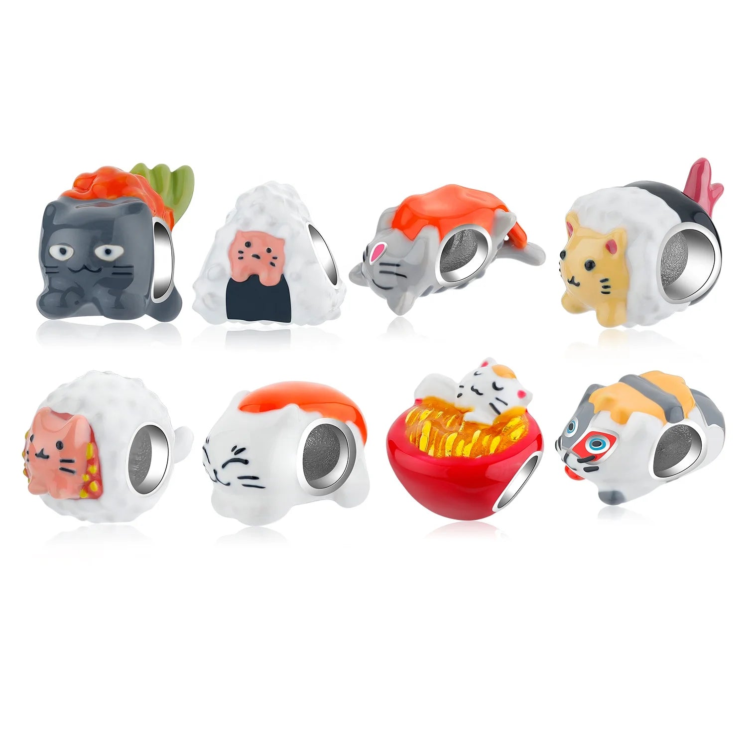 Real 925 Sterling Silver Sushi Food Series Cat Shape White Enamel Beads for DIY Bracelet Making Original Women Fine Jewelry