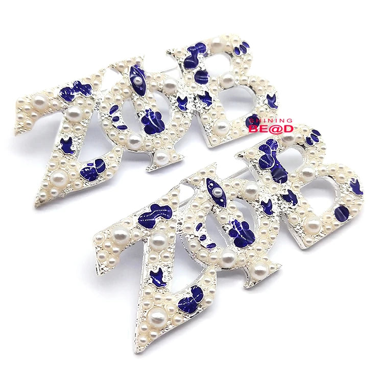 Wholesale Blue Enamel Greek Letter Zeta Phi Beta Sorority Pearl Brooch Lapel Pin for Women Suit Coat Fashion Jewelry Accessories