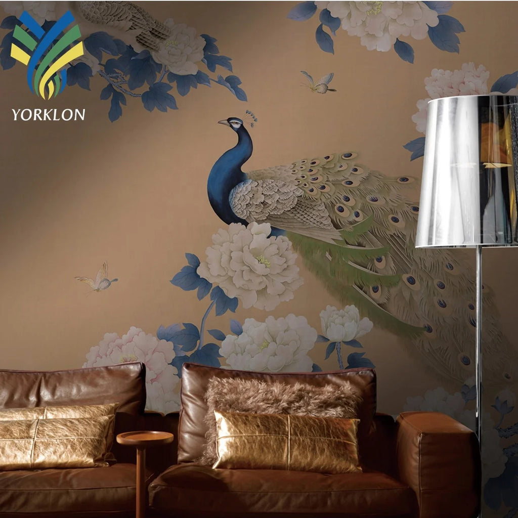 Custom Chinoiserie Hand Painted Non Woven Cloth Interior Home Hotel Room Wall Decoration Blue 3D Peacock Feather Mural Wallpaper