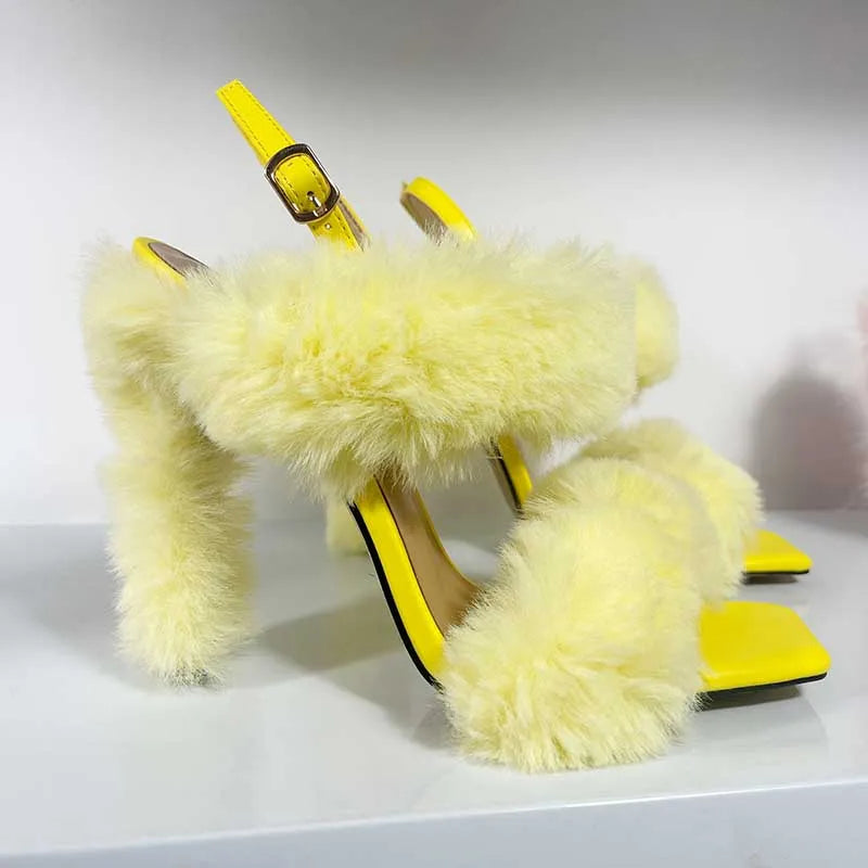 Customize Made Female Summer Heel Sandals Fashion Square Toe Pink Color Block Heel Women Slingback Fur Sandal