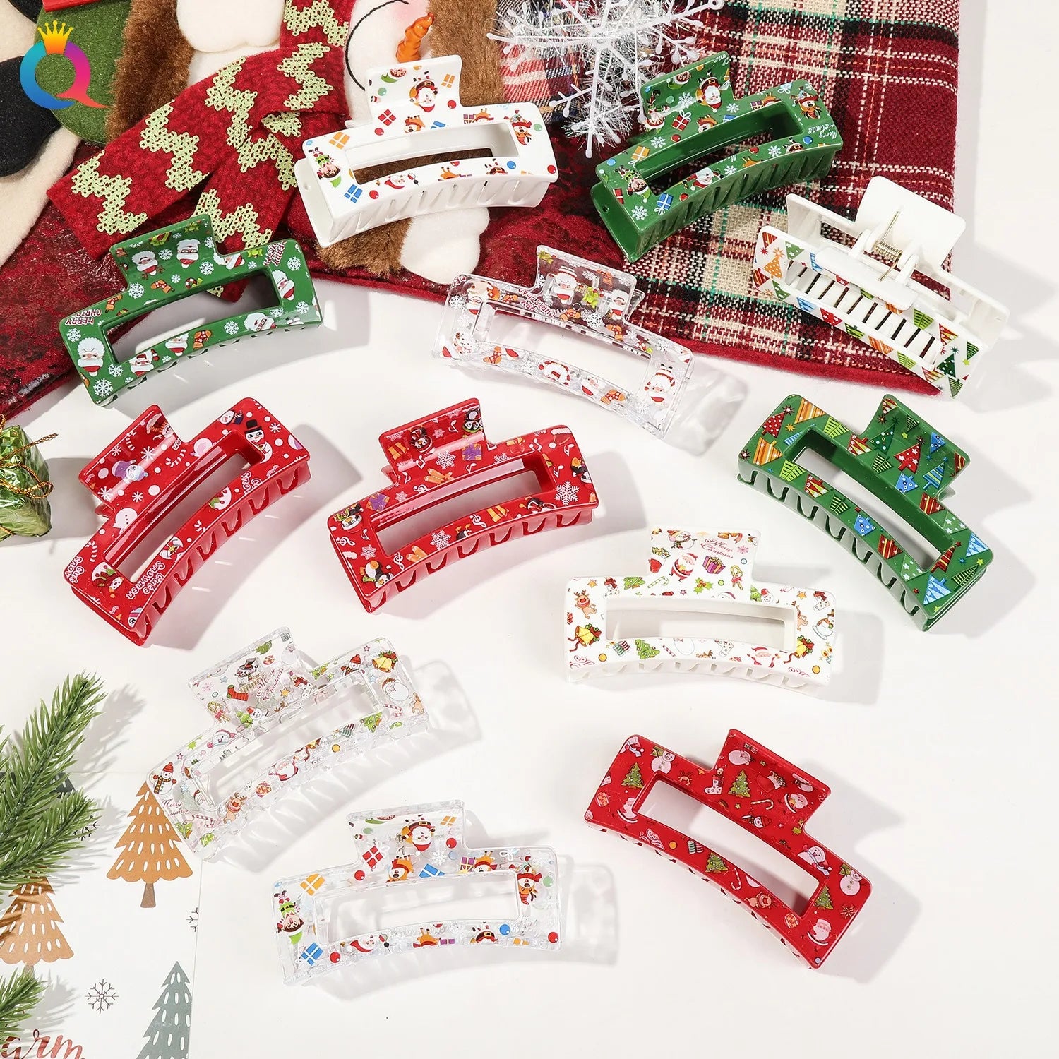 Merry Christmas Women's Hair Accessories Plastic Claw Hair Clips with Snowman Elk Santa Claus Print