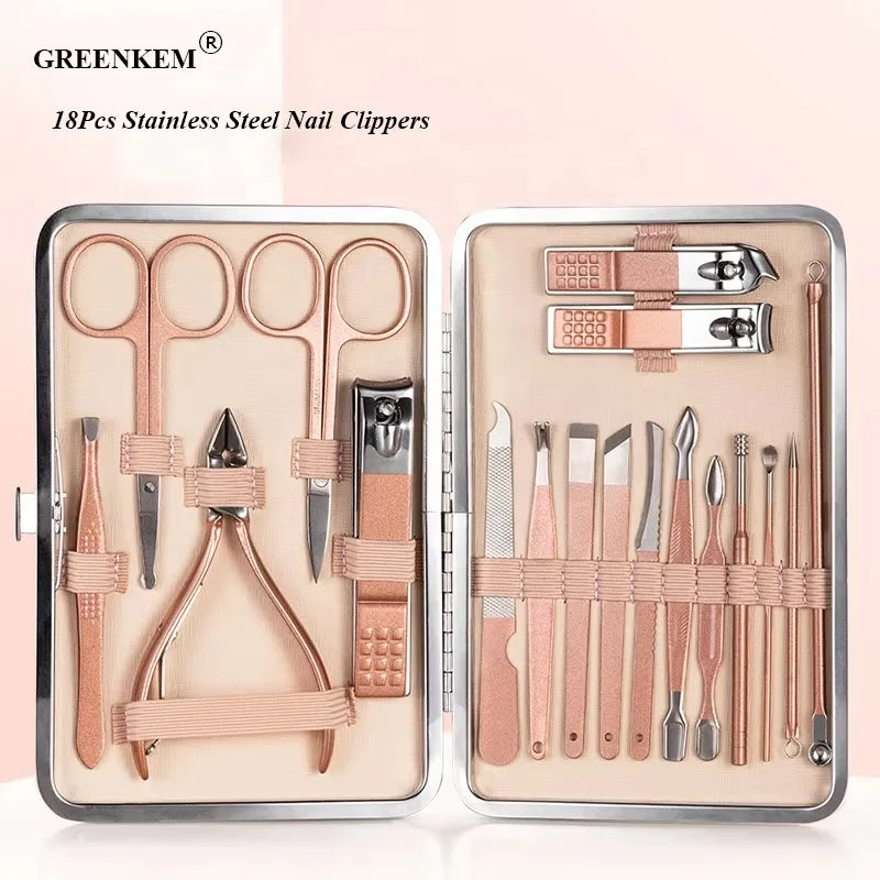18Pcs Stainless Steel Nail Clippers Professional Women Rose Gold  Tools Case Nail Cutter Clipper Kit Manicure Pedicure Set