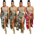 Adult Women Fashion Summer High Slit Long Skirt With Pocket Casual High-Waisted Camouflage Maxi Skirt