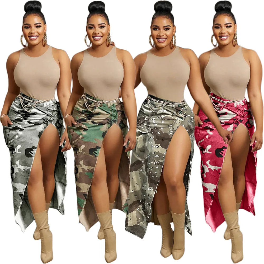 Adult Women Fashion Summer High Slit Long Skirt With Pocket Casual High-Waisted Camouflage Maxi Skirt