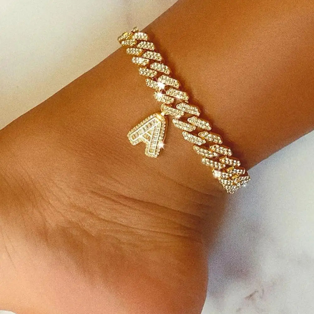 Rhinestone Foot Jewelry Wholesale DIY Initial Cuban Link Chain Anklet Iced Out Letter Anklet for Women Hip Hop Cuban Anklet