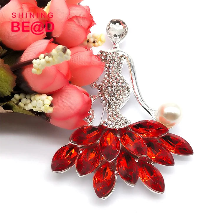 Luxury Greek Sorority Silver Metal Red Dance Lady Pearl Rhinestone Delta Brooch Pin for Women Suit Fashion Jewelry Accessories