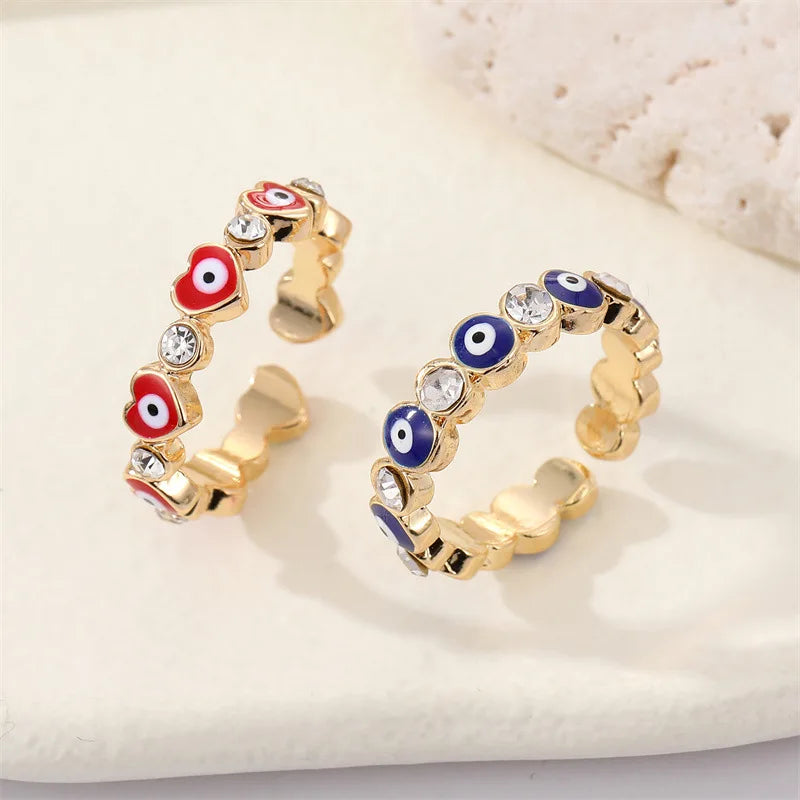Personality Dripping Oil Rhinestone Eye Ring Peach Heart Evil Eye Zircon Open Rings Jewelry Women