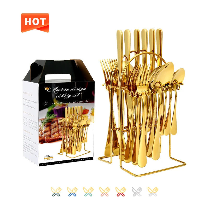 Luxury Royal 24-Piece Gold Stainless Steel Flatware Set Eco-Friendly Cutlery with Rack for Weddings and Parties