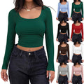Women's Long Sleeve Square Neck Crop Top Ribbed Slim Fitted Y2K Casual Slim Short Style T-Shirt Tops