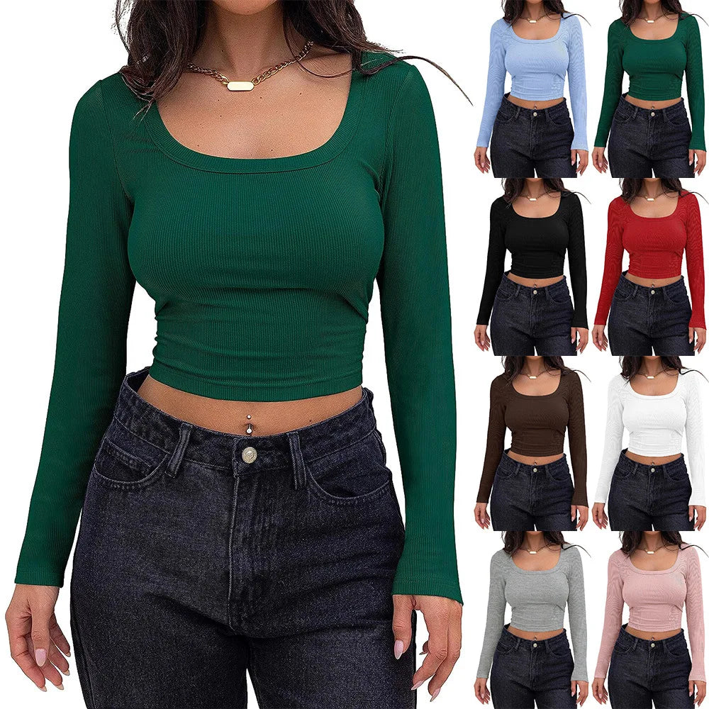 Women's Long Sleeve Square Neck Crop Top Ribbed Slim Fitted Y2K Casual Slim Short Style T-Shirt Tops