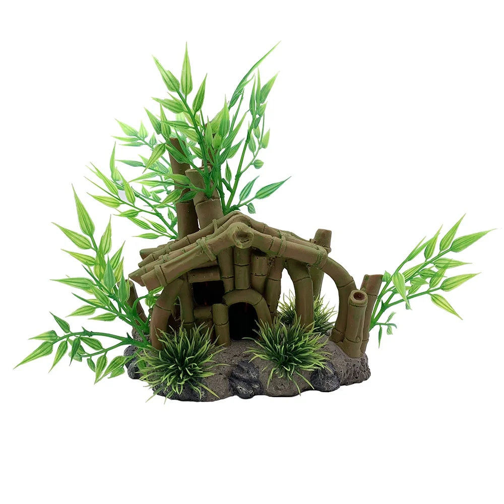Aquarium Ornament Decor Artificial Plastic Bamboo House Hide Cave Fish tank Decoration