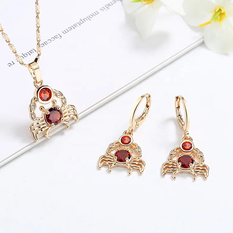 Factory Supply Jewelry Crab Animal Sea Creative Design Cubic Zirconia Pendant Necklace Earring Sets Hot Selling Items