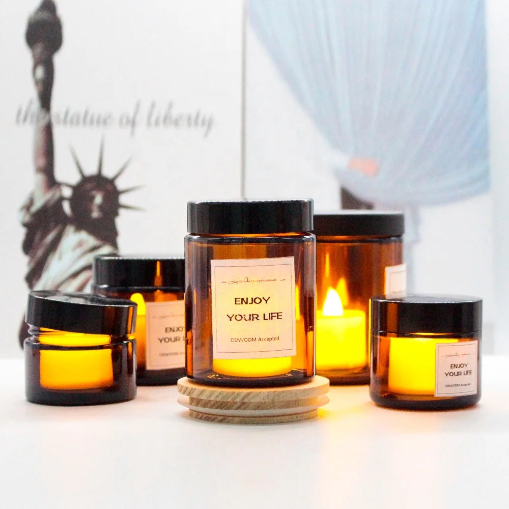 FENGJUN Thick Vessel Transparent Amber Black Shiny Glass 8 Ounce Candle Jars Empty Apothecary Jar Cork Lid Christmas Heat