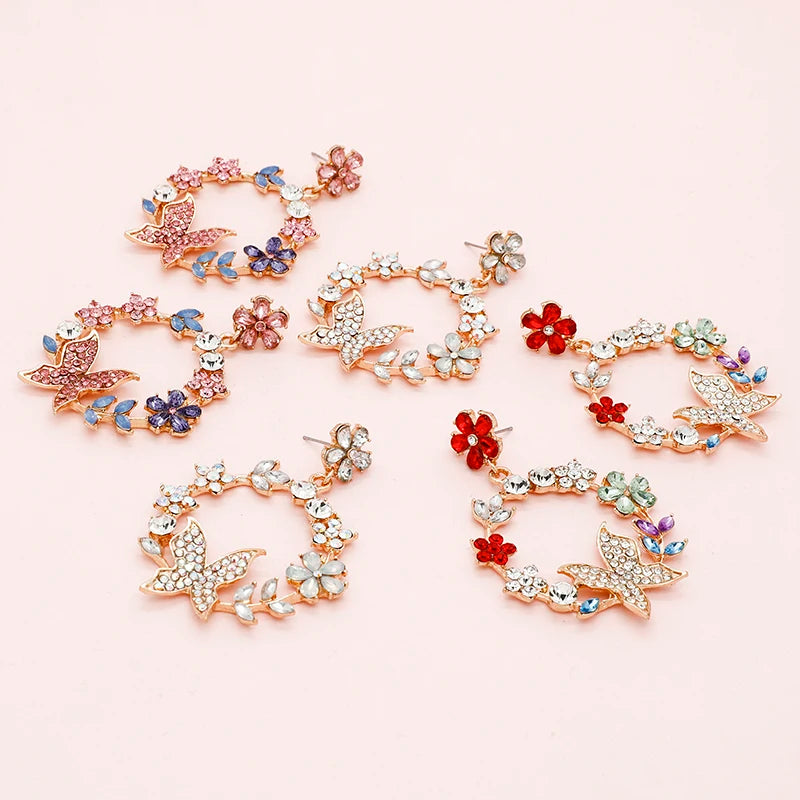 Stylish Jewelry Color Gold Plated Butterfly Hoop Earrings Shiny Rhinestone Crystal Flower Stud Earrings
