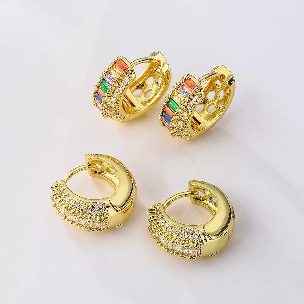 Hot Sell and New Design Brass Jewelry Wholesale Gold Color Hoop Zirconia Rhinestone Hollow Earrings