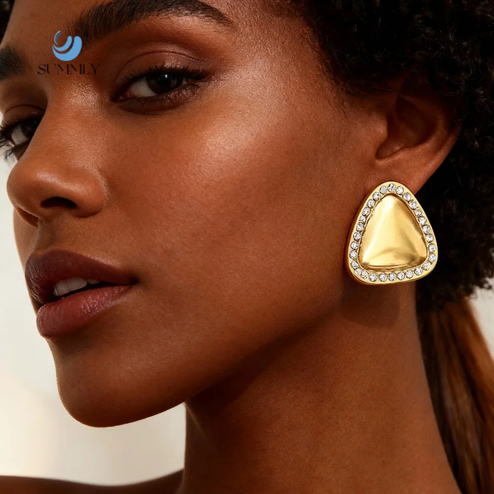SUMMLY Vintage Wholesale Simple Triangle Diamonds Niche 18K Gold Plated Stainless Steel Earrings Fashion Jewelry