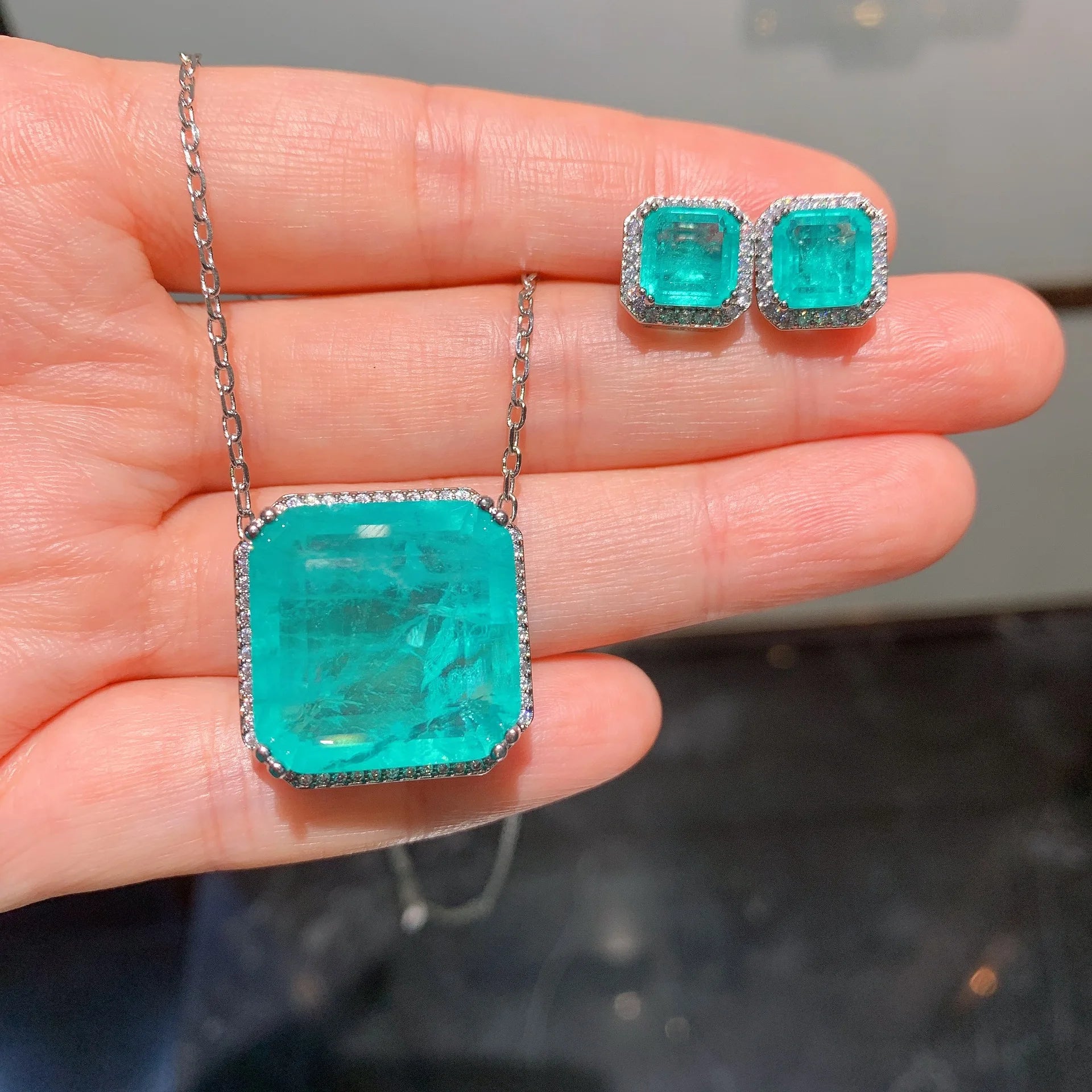 New Brass Square Paraiba Tourmaline Aquamarine Lab Diamond Pendant Necklace Wedding Jewelry Anniversary Gift