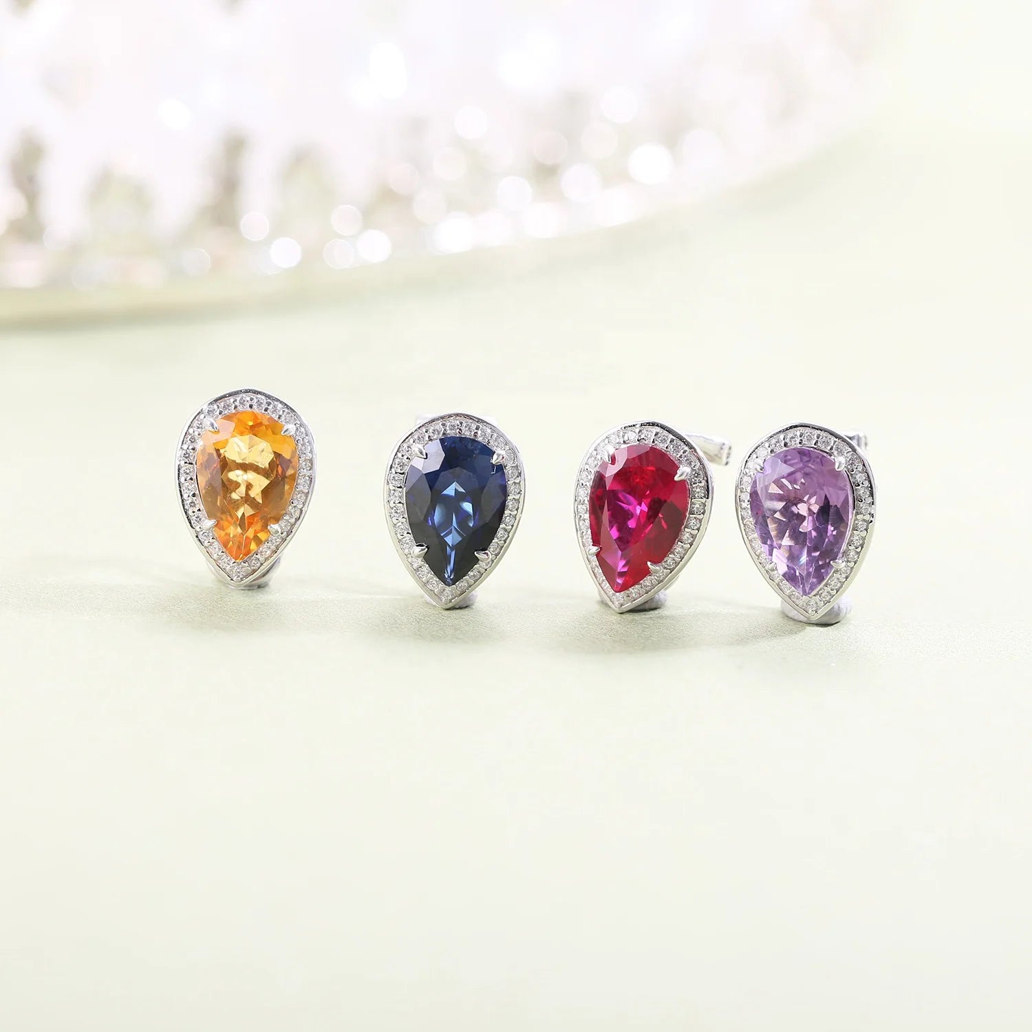C9646 Abiding Factory Price Handmade Pear Shape 8x12MM Multiple Gemstone Jewelry 925 Sterling Silver Stud Earrings With Cz Halo