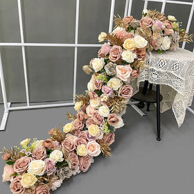 DKB Artificial Flowers Plants Rose Peony Hydrangea Luxury Champagne Color Table Runner for Wedding Decoration