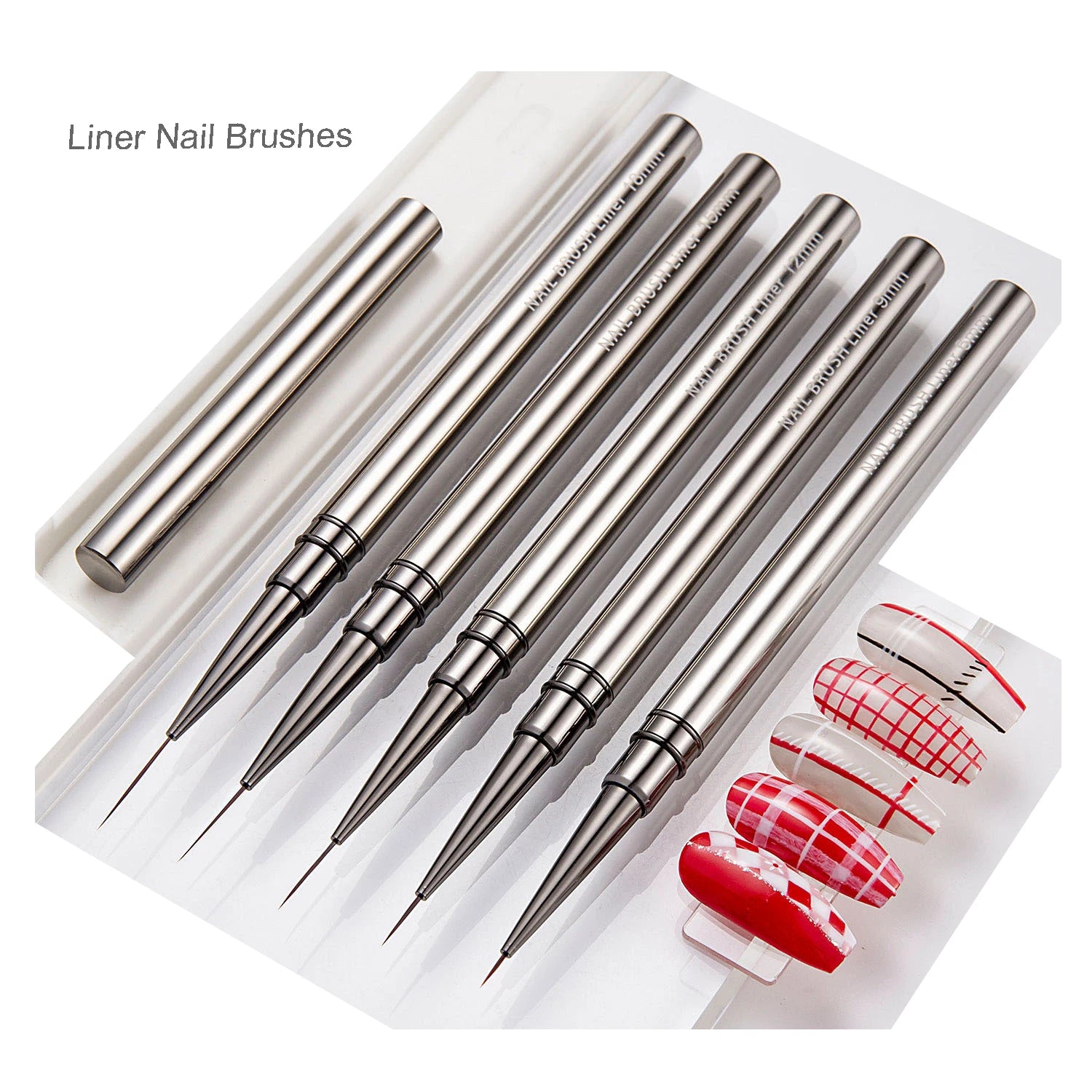 Focstar Nail Art Liner Brushes 6/9/12/15/18mm Sizes Nylon 5-Piece Gunmetal Acrylic Handle (BTB119)