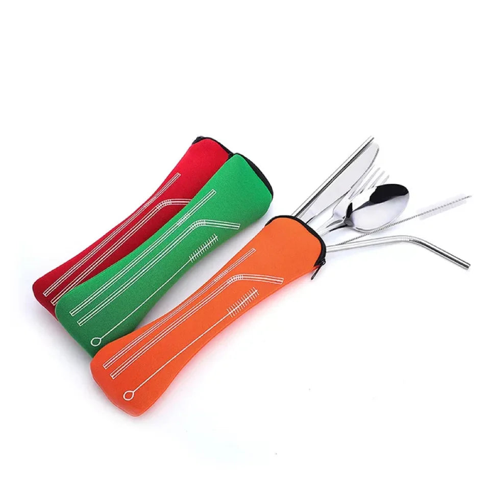 Stainless Steel Portable Cutlery Set Travel & Camping Utensils - Knife Fork Spoon Chopsticks Straw Soup Spoon Outdoor Picnic