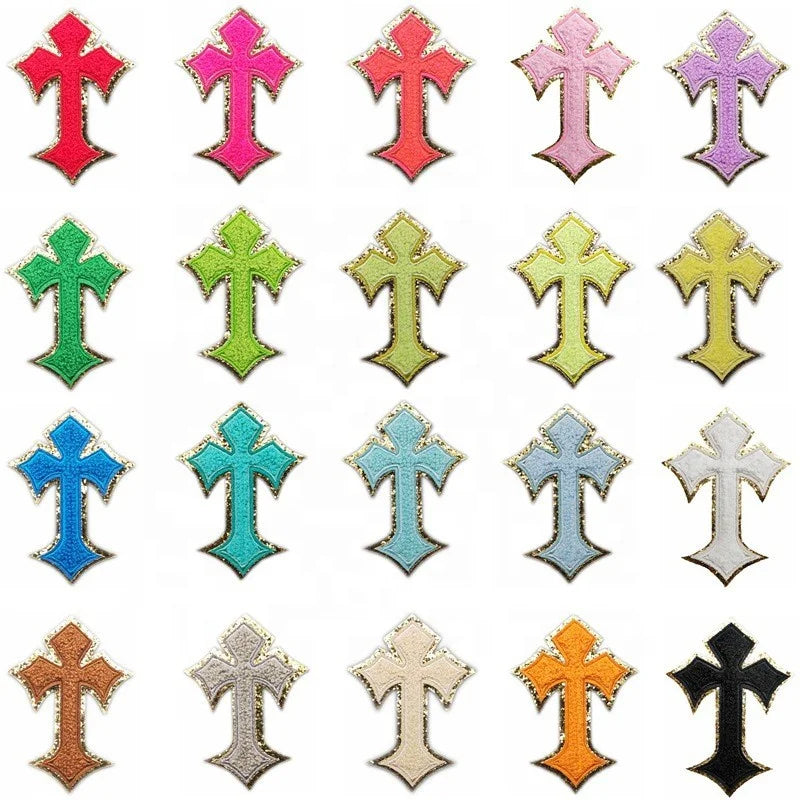 Hot Sale Custom Iron on Toweling Embroidery Chenille Jesus Patch With Gold Glitter Trim Christ Cross Patch Applique for Jacket