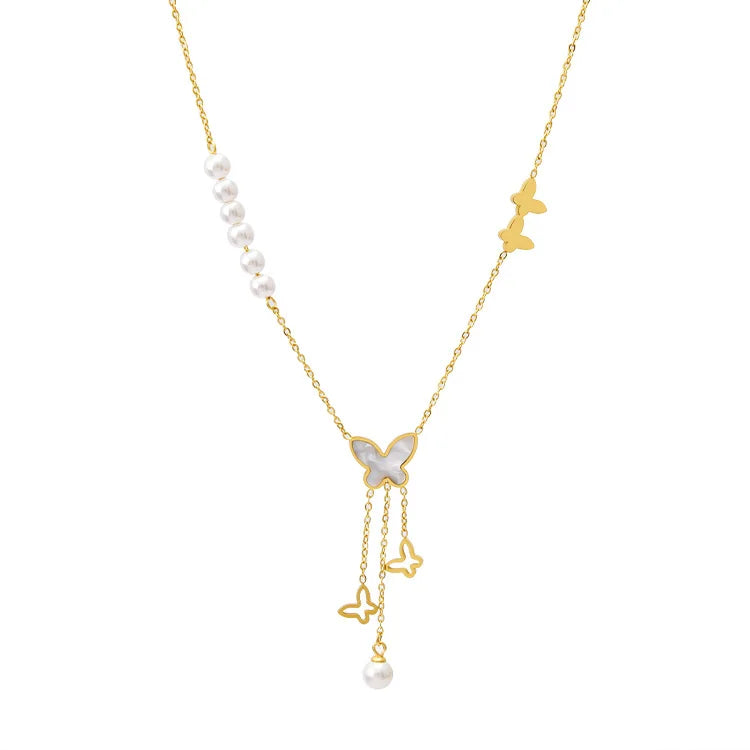 New White Shell butterfly Pearl Necklace Titanium Steel Hollow Tassel Pendant Necklace Women