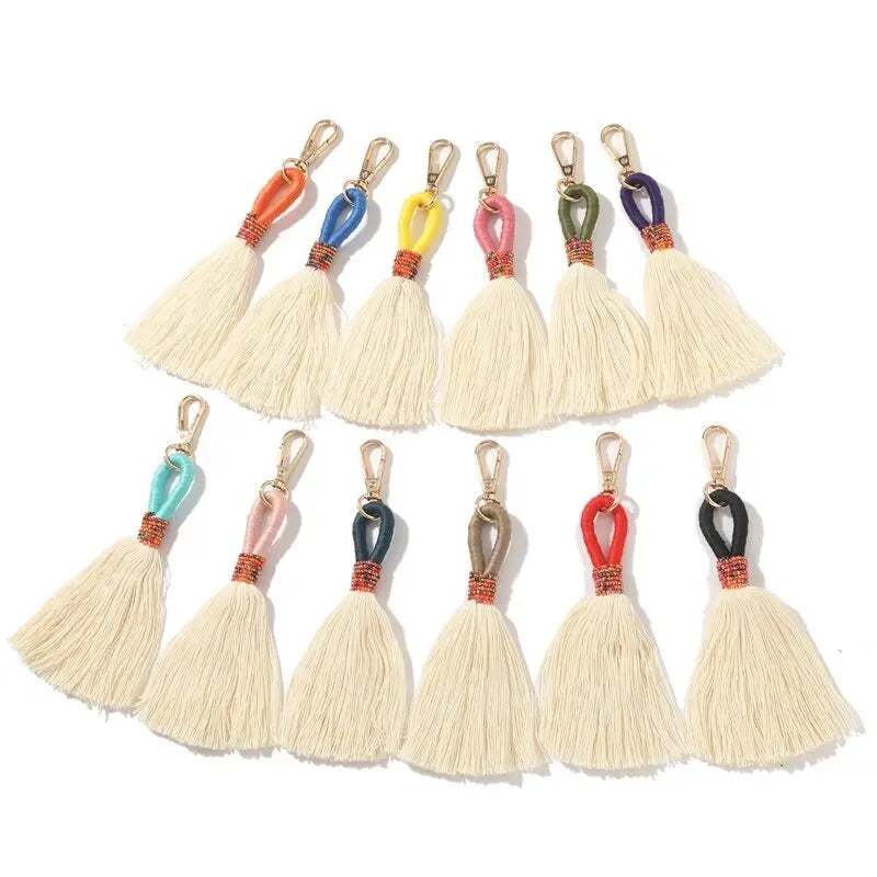 Keyring Macrame Handmade Macrame Wristlet Braided Tassel Straw Bag Purse Decor Boho Bag Charm Macrame Keychain Boho