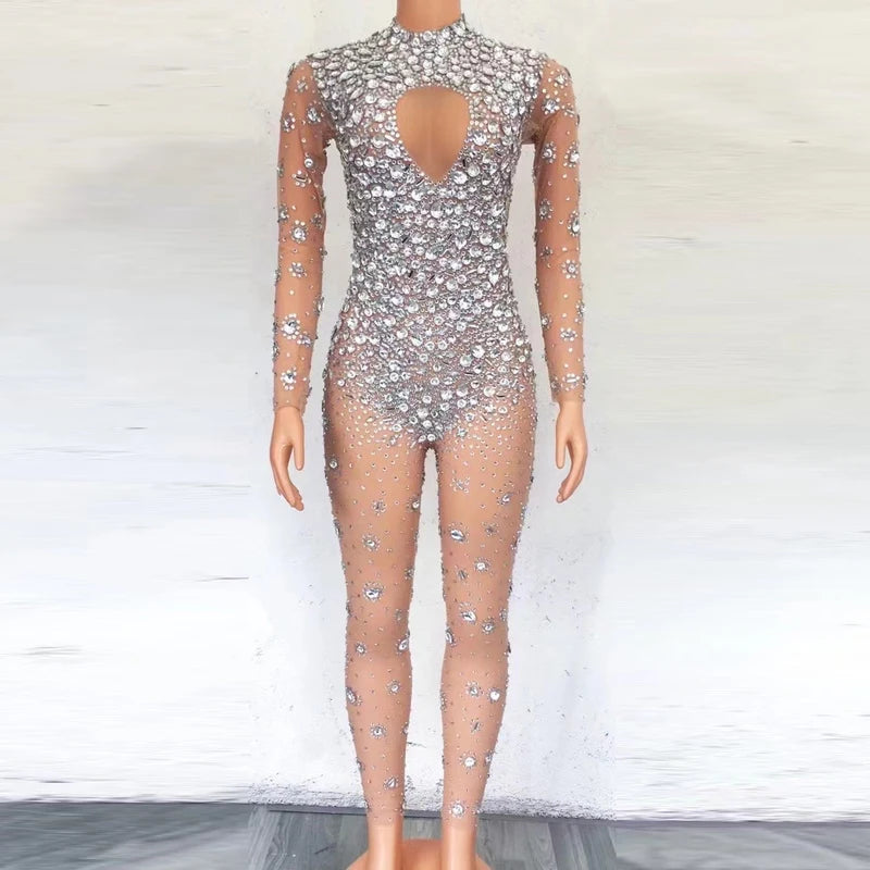 Stage Singer Show Halter Sheer Crystal Jumpsuit Dance Costumes for Women Clothing Nightclub Singer Evening Dress