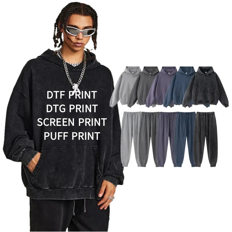 Custom Baggy Acid Wash Sweatpants and Hoodie Pants Set Men Unisex Two Piece Blank Terry Distressed Hoodie Jogger Set for Men