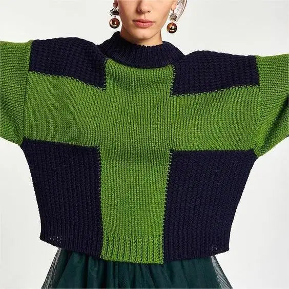 ODM Manufacturers Women's Knitted Pull Over Knitwear Soft Oversized Color Block Jacquard Sweater Jumper for Women