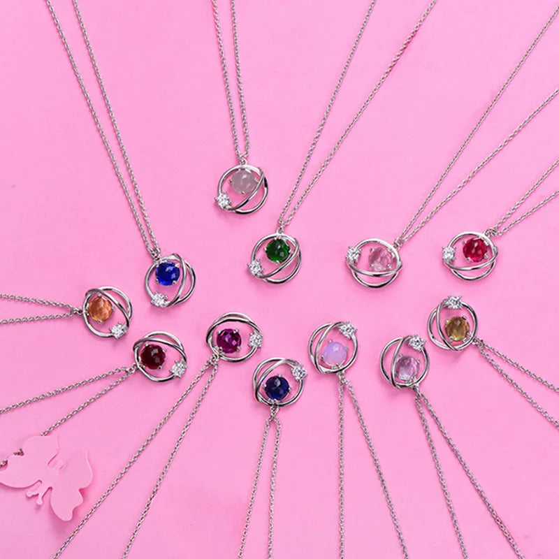 Trendy Zircon Gemstone Star Planet 925 Sterling Silver Birthstone Pendant Necklaces