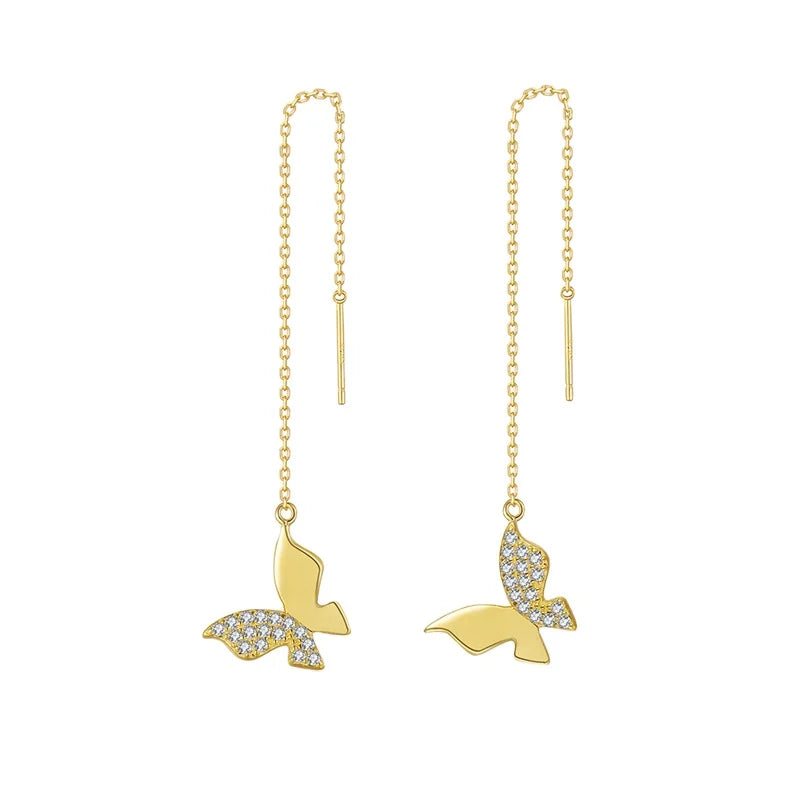 Fine Jewelry Silver 925 Earrings butterfly Long Chain Design Dangle Earring Drop Dancing Sterling Silver Earrings Gold Plated