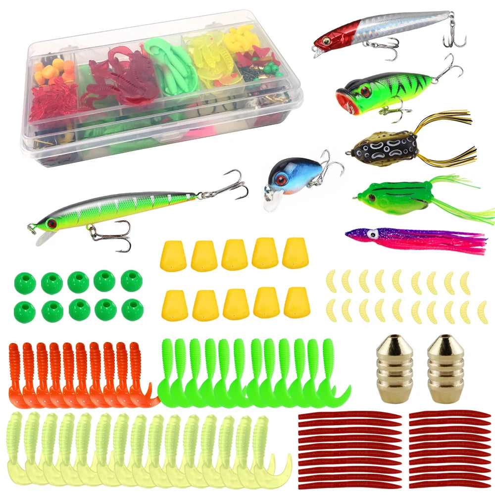 242Pcs/Box Soft Fishing Lure Kit Set Lead Jig Head Hook Grub Worm Soft Fishing Silicone Artificial Bait Fishing Box
