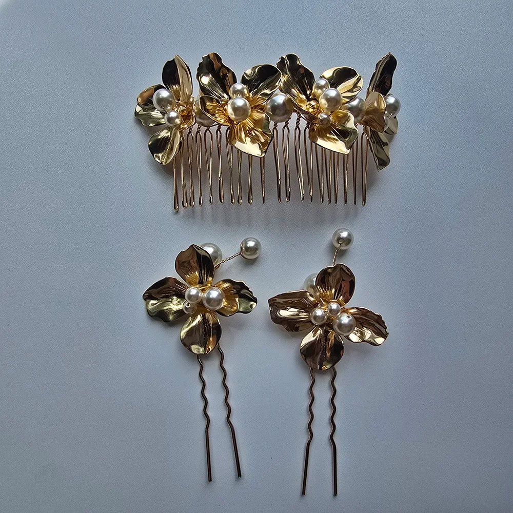SLBRIDAL Handmade Copper Alloy Flower Leaf Pearls Bridal Hair Comb Hair Pin Set Wedding Bridesmaids Women Girls Hair Jewelry
