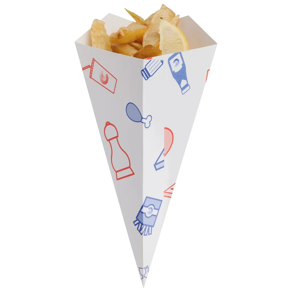 Disposable Food Grade Paper Cones Custom Sizes French Fries Potato Chips Sugar Snack Containers Craft Chocolate Pizza Bread
