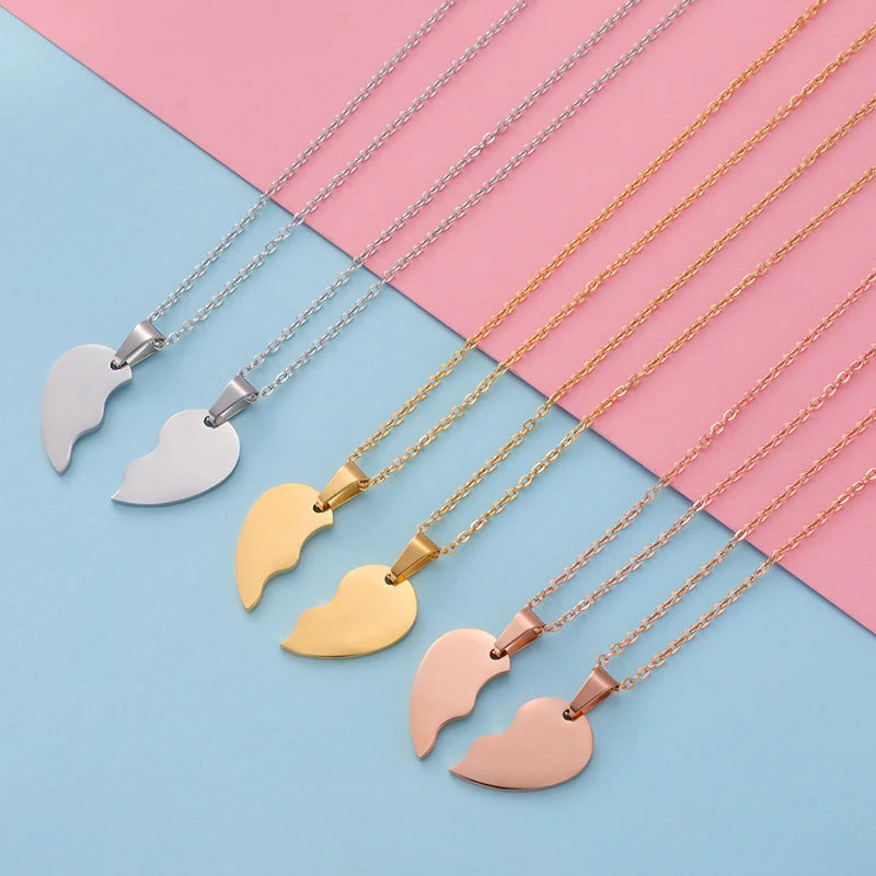 Trendy 2pcs/pair NON TARNISH PVD Plated Silver 18k Gold Stainless Steel Couple Half Broken Heart Necklace Jewelry for Lovers