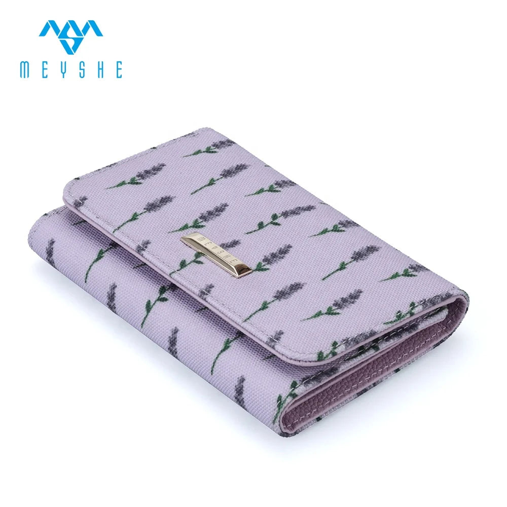 Purple Genuine Leather RFID Sublimation Short Wallet Fashionable Women Functional Cover Closure Floral Logo Flower Decoration