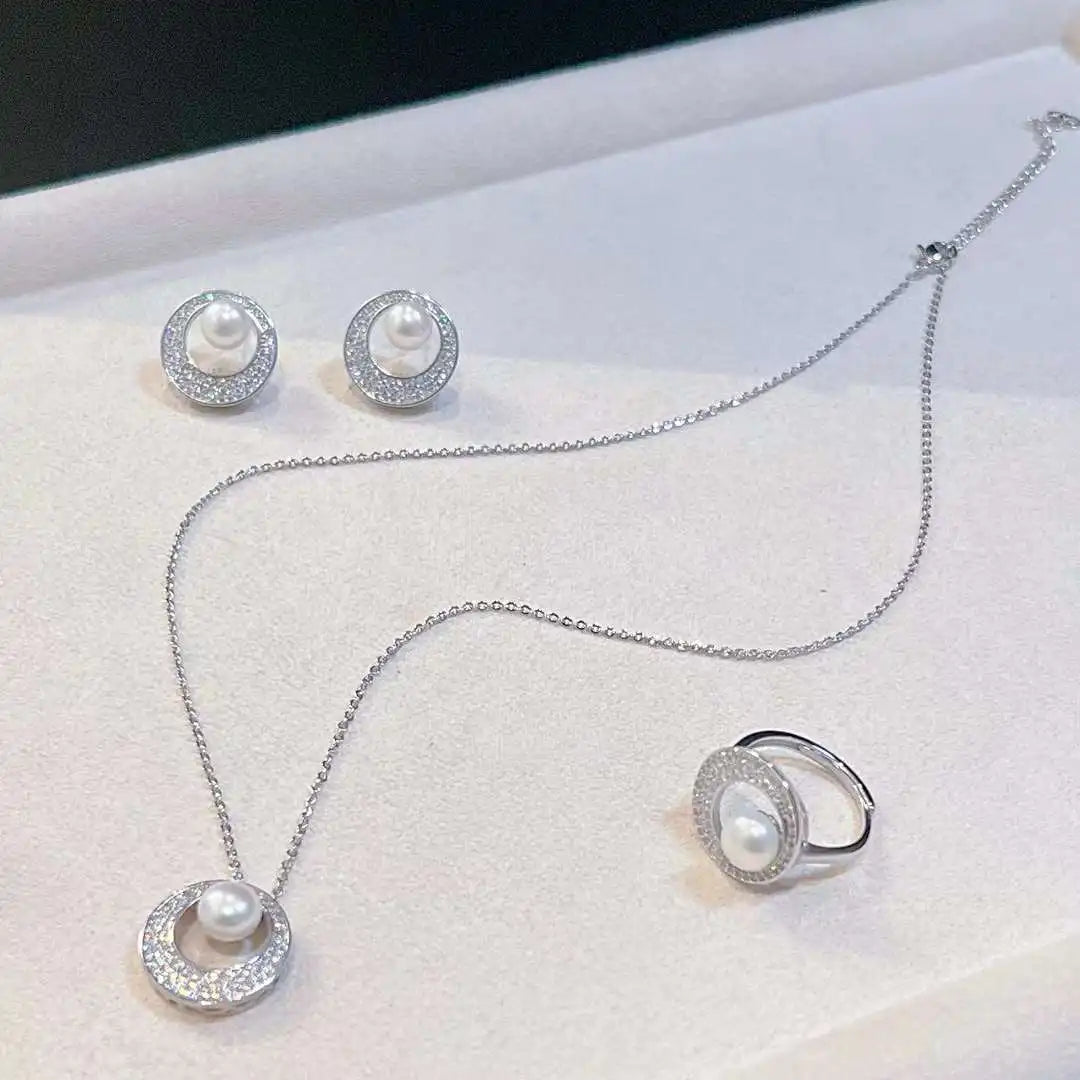Mother's Day New Recommendation AAAAA Grade Trendy Silver Plated Brass Circle Set 7-8mm Natural Freshwater Pearl Necklace Ring