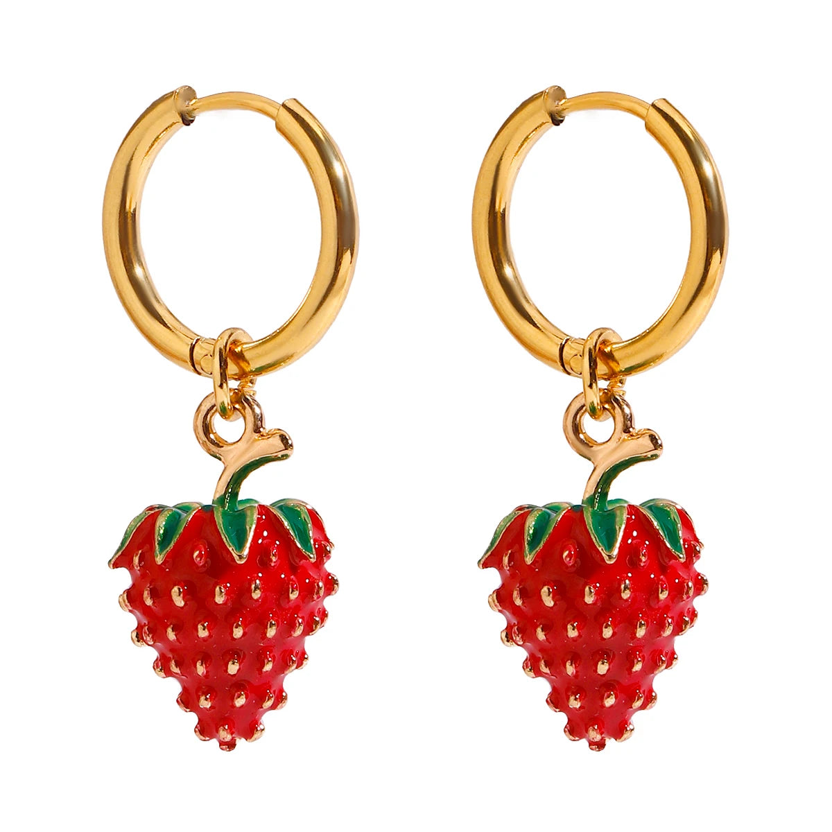 J&D Adorable 18K Gold Stainless Steel Zircon Sweet Dripping Strawberry Charm Earrings Cute for Girls Fashion
