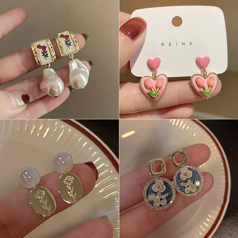 The New 2023 Flower Heart Earrings French Retro Fashion Luxury Accessories Women Jewelry Wedding Party Drop Earring With Pearl