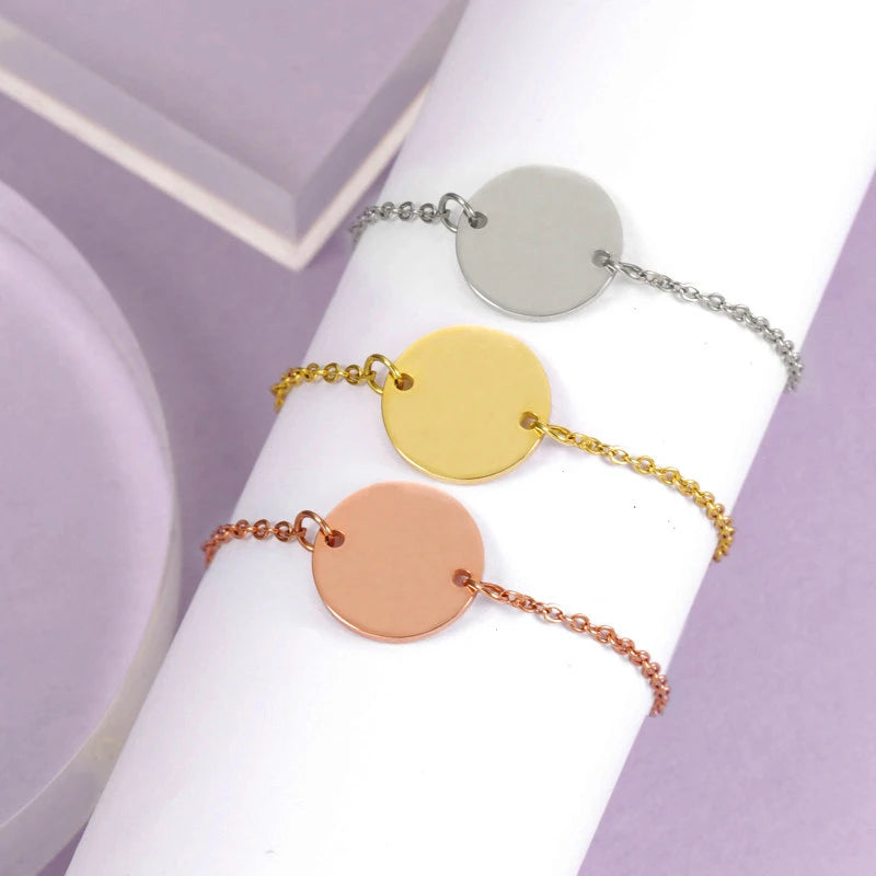 PVD 18k Gold Engraved Custom Disc Charm Bracelets DIY Jewelry Stainless Steel Dainty Chain Hand Stamped Letter Disk Bracelets