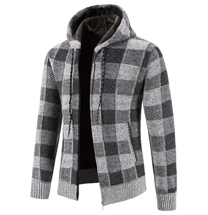 New Sweater Men Winter Sweater Coats Male Velvet Thick Knit Sweater Plaid Cardigan Knitted Hoodie Jacket