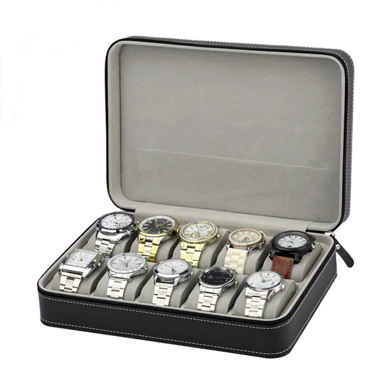 Classical Factory Ready to Ship 10 Slots Black PU Leather Watch Box Luxury Zipper Watch Storage Case Travel Watch Box