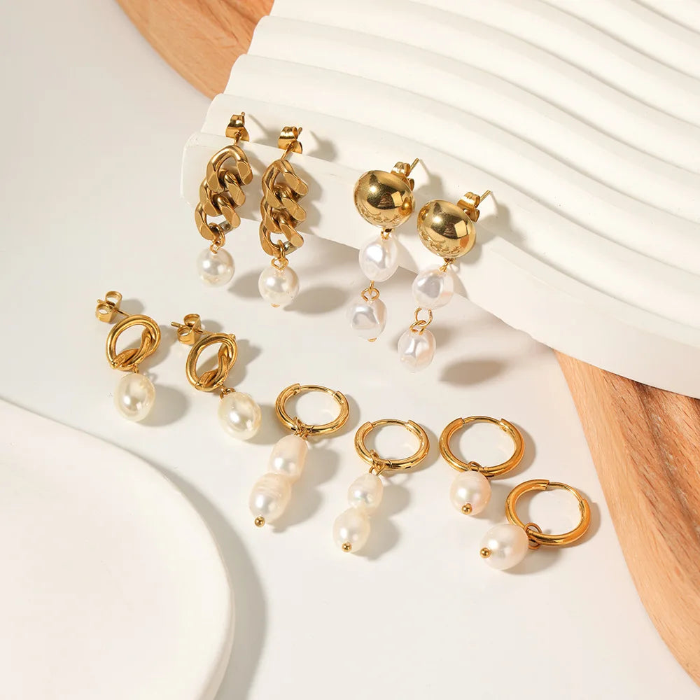 Tarnish-Free 18K Vacuum Gold Plated Stainless Steel Hoop Earrings with Natural Baroque Pearl Huggie Drop for Women Jewelry Gift