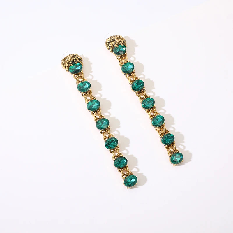 Vintage Metal Lion Head Crystal Long Drop Earrings for Women Wedding Party Jewelry Female Pendant Girl Gift Wholesale