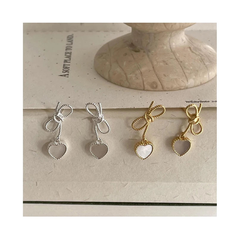 New Spring 925 Sterling Silver Bowknot Heart Shape Shell Drop Earrings for Women 2025
