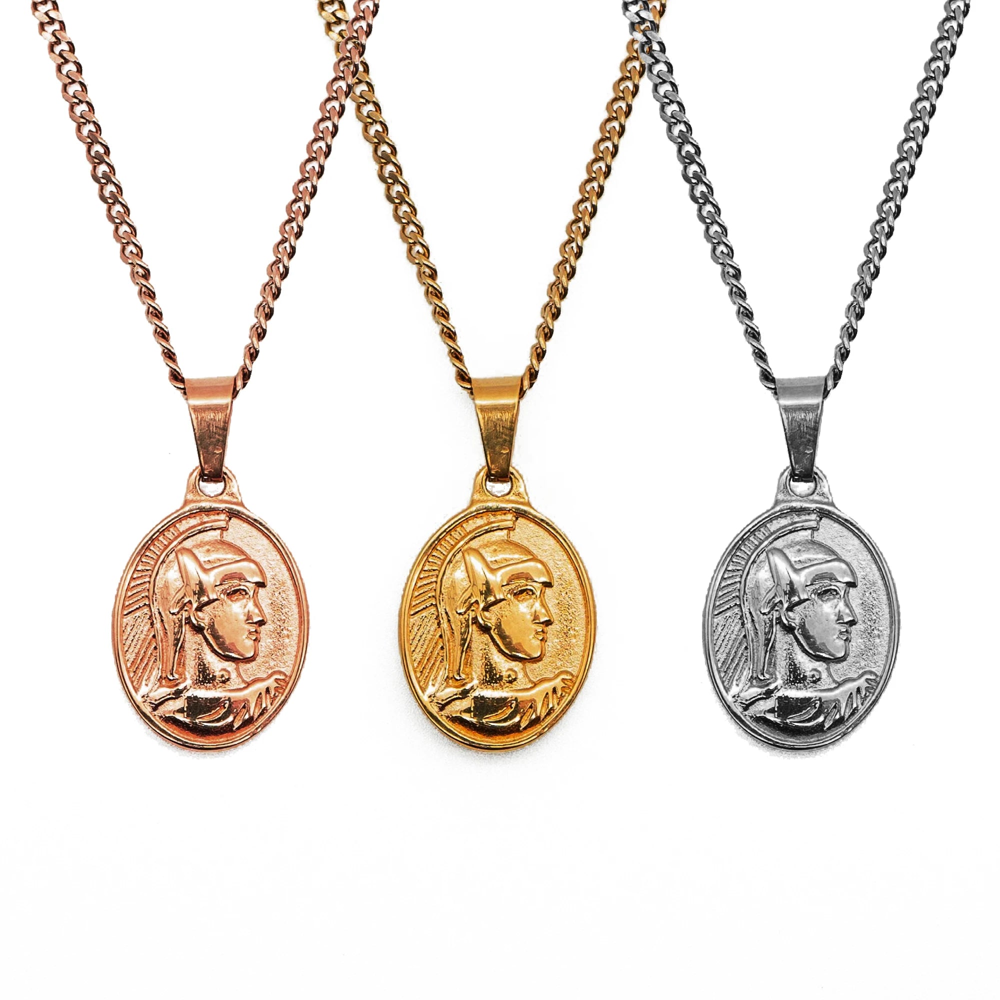 Trending Centurion Pendant Necklace 316L Stainless Steel Oval Religious Medal Mens Gold Roman Centurion Pendant Curb Chain