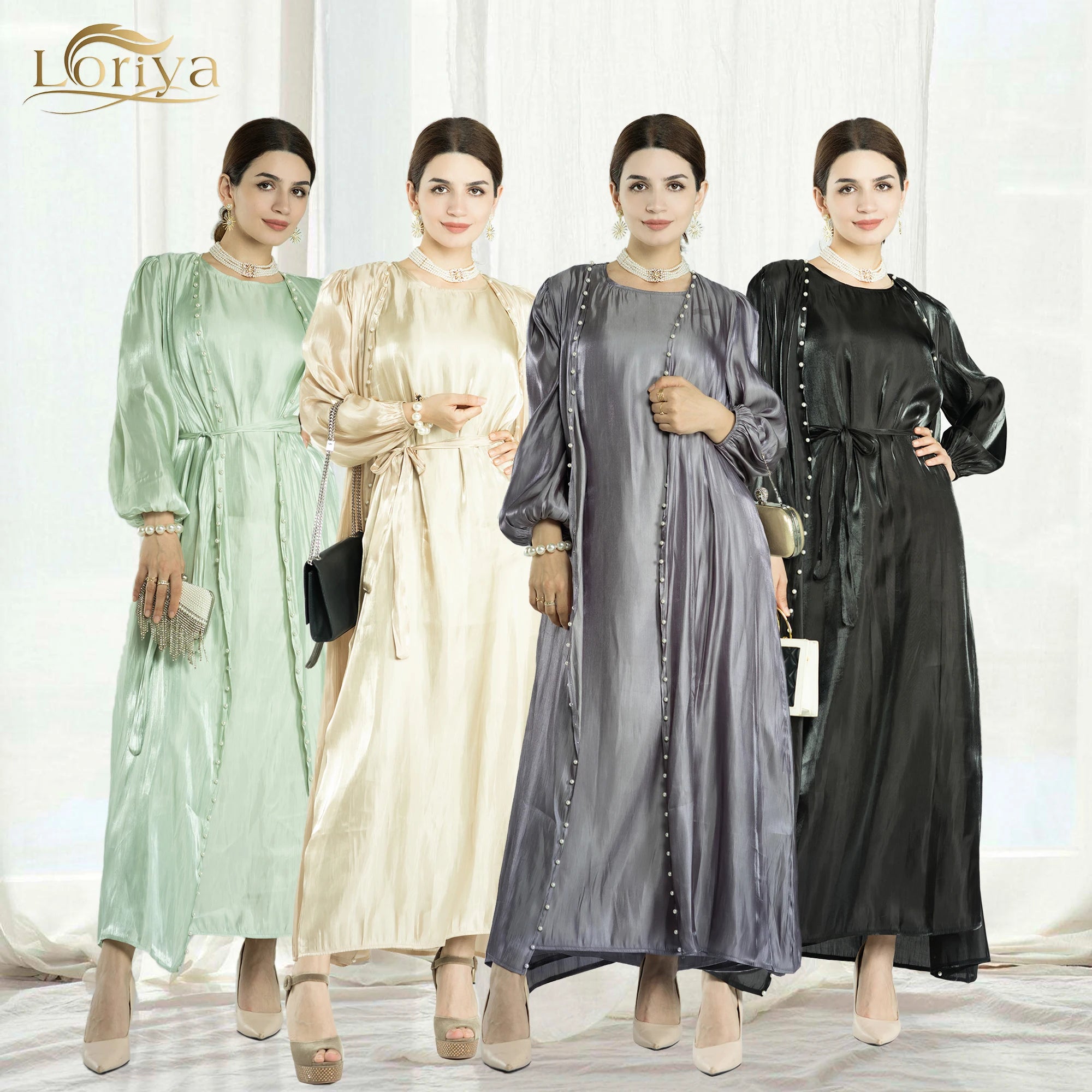 Loriya Muslim Modest  Plus Size Islamic Abaya  Dubai Modeset Muslim Girls Abaya 2pcs Set Shiny Modest Abaya for 2026 Ramadan