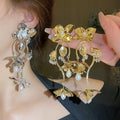 Luxury Exaggerated Pearl Crystal Metal Flower Sequin Beaded Tassel Drop Earrings for Women 2023 New Party Jewelry